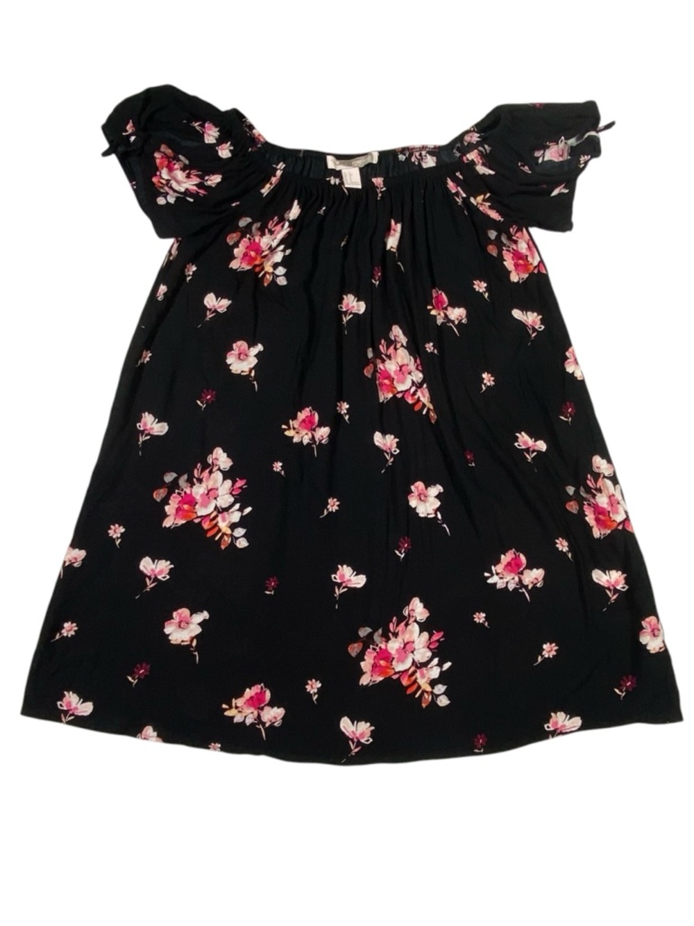 Forever 21 Floral Tunic Mini Dress Women's S Black Off Shoulder Tie Cuff Flowy